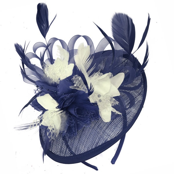 Caprilite Sinamay Navy Blue and Cream Ivory Disc Saucer Fascinator Hat for Women Weddings Headband