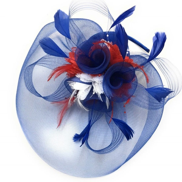 Caprilite Big Royal Blue, Red and White Union Jack Fascinator Hat Veil Net Ascot Derby Races Wedding Headband Alice Band Feather Flower