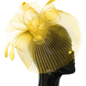 Yellow Veil Fan Feathers Fascinator on Headband Wedding Races Net Hat Big
