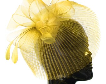 Yellow Veil Fan Feathers Fascinator on Headband Wedding Races Net Hat Big