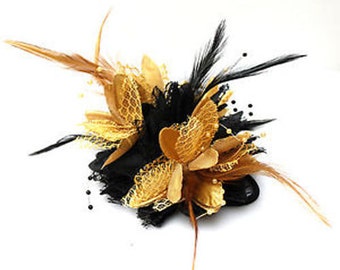 Caprilite Black and Gold Fascinator Black Headband Clip Comb Flower Corsage