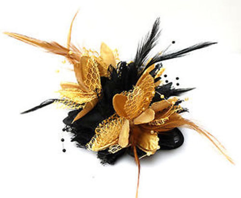 Caprilite Black and Gold Fascinator Black Headband Clip Comb Flower Corsage 