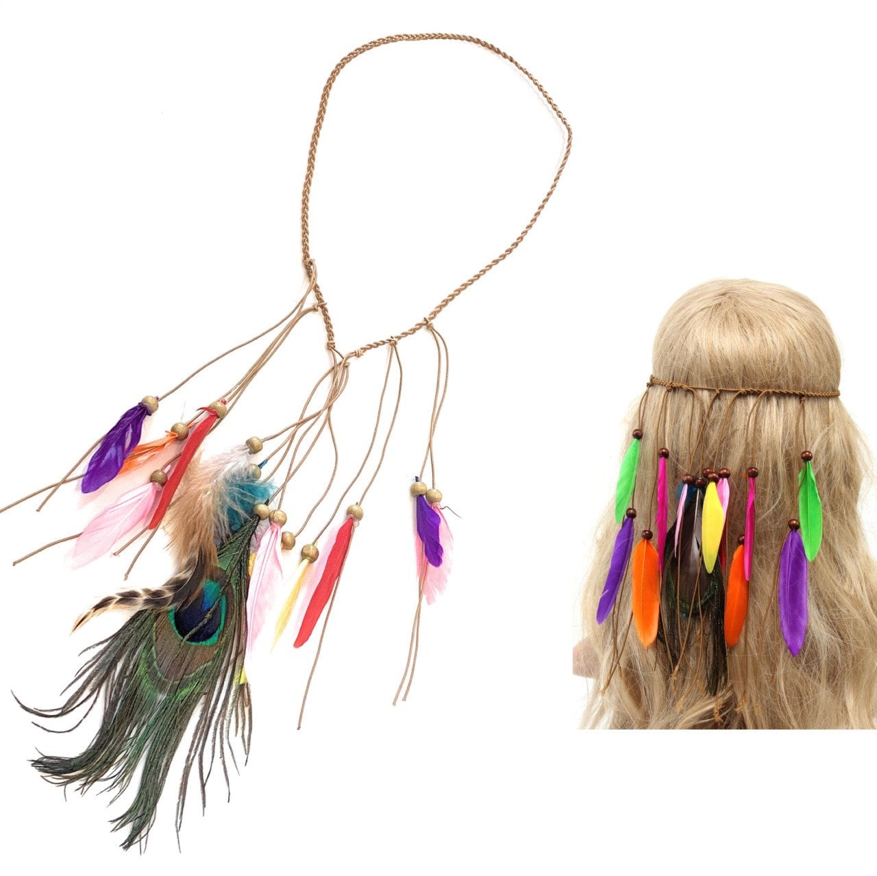 Coiffe indienne à plumes pour carnaval, fête, bandeau à plumes colorées,  coiffe américaine