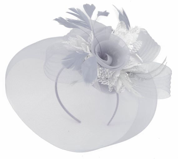 Caprilite Grey Silver Fascinator on Headband Veil UK Wedding | Etsy