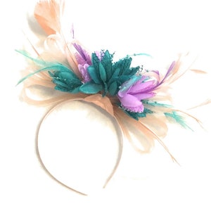 Caprilite Peach Pink Hoop & Turquoise Aqua Green Lilac Purple Feathers Fascinator On Headband