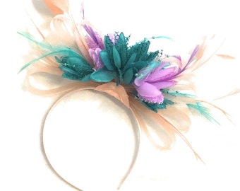 Caprilite Peach Pink Hoop & Turquoise Aqua Green Lilac Purple Feathers Fascinator On Headband