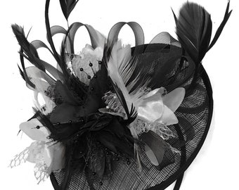 Caprilite Black and Silver Grey Sinamay Disc Saucer Fascinator Hat for Women Weddings Headband