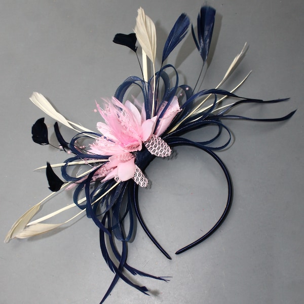 Caprilite Navy Blue Hoop & Baby Pink Cream Feathers Fascinator On Headband for Weddings derby Ascot Races Women