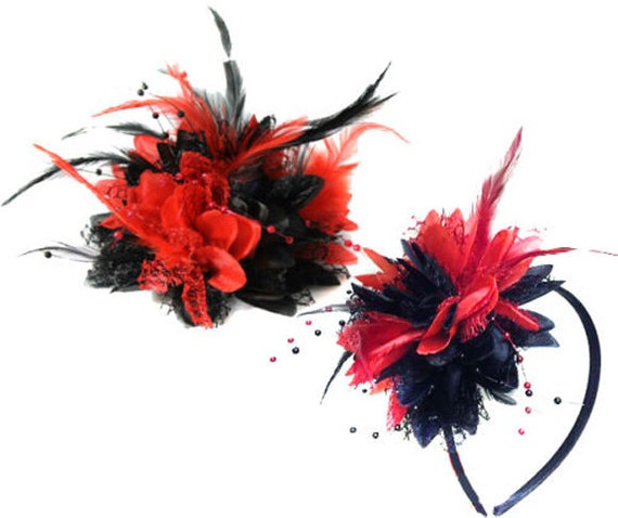 Caprilite Black and Red Fascinator Black Headband Clip Comb Flower Corsage