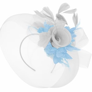 Caprilite White and light Blue Fascinator on Headband Veil UK Wedding Ascot Races Hatinator