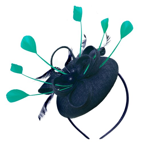 Round Navy and Teal Pillbox Bow Sinamay 