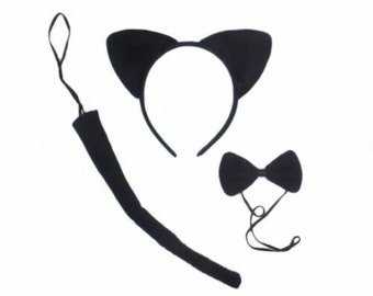 Black Cat Animal Costume Ears Tail Bow Tie Set Headband Kids School Play Drama Fancy Dress