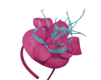 Round Fuchsia and Aqua Pillbox Mix Bow Sinamay Headband Fascinator Weddings Ascot Hatinator Races