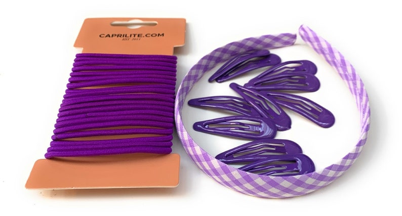 Mega School Hair Accessories Bundle Set Gingham Checked Headband Clips Bobbles Elastics Purple