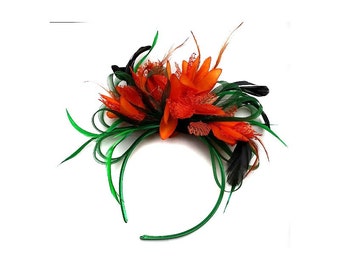 Emerald Green & Orange Feathers Fascinator On Headband