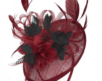 Caprilite Burgund und Schwarz Sinamay Disc Saucer Fascinator Hut für Frauen Hochzeiten Stirnband