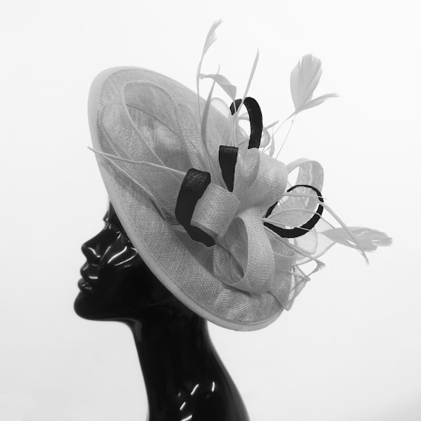 Caprilite Big Saucer Sinamay Silver Grey & Black Mixed Colour Fascinator On Headband Wedding Derby Ascot Races Ladies