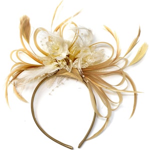 Caprilite Champagne Gold Beige Camel and Cream Fascinator on Headband Alice Band UK Wedding Ascot Races Derby