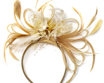 Caprilite Champagne Gold Beige Camel and Cream Fascinator on Headband Alice Band UK Wedding Ascot Races Derby