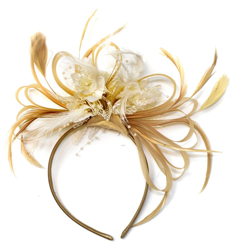 Caprilite Champagne Gold Beige Camel and Cream Fascinator on Headband Alice Band UK Wedding Ascot Races Derby image 1