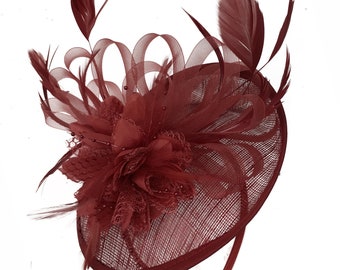 Caprilith Scheibe Untertasse Sinamay Burgundy Fascinator auf Stirnband Alice Band Hochzeit Ascot Rassen