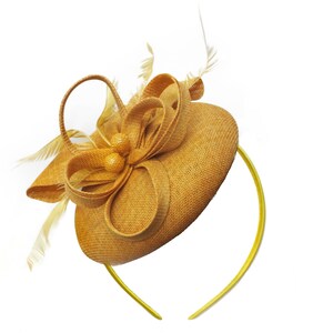 Round Gold Mustard Pillbox Bow Sinamay Headband Fascinator Weddings Ascot Hatinator Races