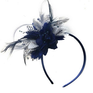 Caprilite Navy and Silver Fascinator Headband Hair Band Flower Corsage