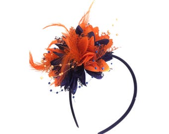 Caprilite Navy and Orange Fascinator Clip Hair Band Flower Corsage