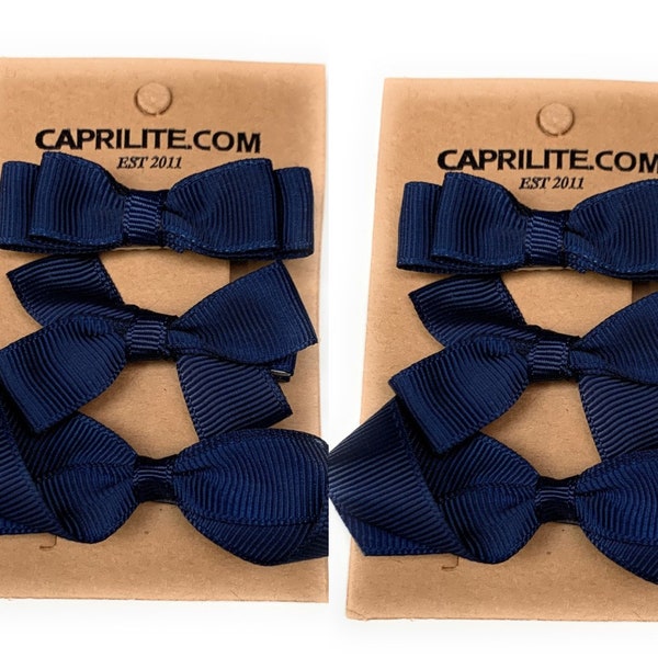 6 (3 Pairs) Navy Blue Girls Kids Small Hair Bow Clips Slides Grips - School Uniform Colours Grosgrain Ribbon