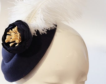 Navy Peony Flower Pillbox Hat Fascinator with Long White Ostrich Feather Gatsby Hair Clip