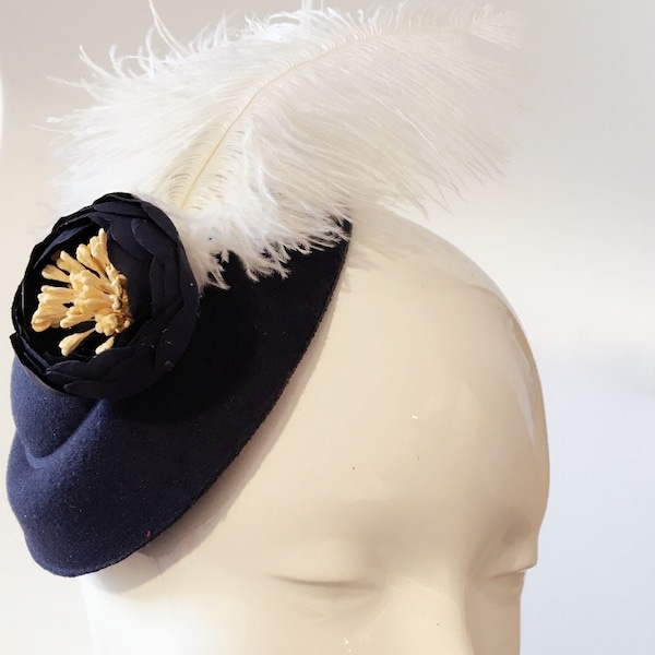 Navy Peony Flower Pillbox Hat Fascinator with Long White Ostrich Feather Gatsby Hair Clip
