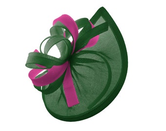 Caprilite Vegan MoonMix Hoop Fascinator Hat on Headband Wedding Ascot Races Bespoke Sinamay Disc - Green Fuchsia