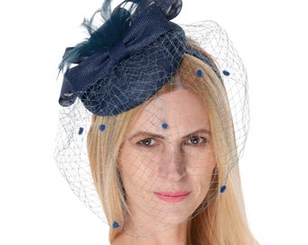 Birdcage Veil Navy Blue Pillbox Bow Sinamay Headband Fascinator Weddings Ascot Hatinator Races