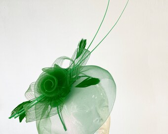 Green Net Veil Round Fascinator with long Spine Feather and Crystals for Weddings Derby Races Ascot