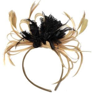 Caprilite Champagne Gold Beige Camel and Black Fascinator on Headband Alice Band UK Wedding Ascot Races Derby