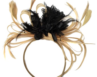 Caprilite Champagne Gold Beige Camel and Black Fascinator on Headband Alice Band UK Wedding Ascot Races Derby