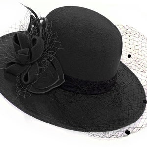 Large Brim Felt Fedora Formal Hat Wool Mix Occasion Veil Hatinator Fascinator image 2