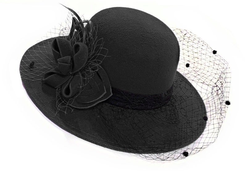 Large Brim Felt Fedora Formal Hat Wool Mix Occasion Veil Hatinator Fascinator image 2