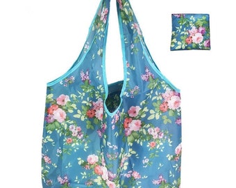 Handmade Extra Large Reusable Foldable Ladies Grocery Shopping Bag Eco Tote Handbag Fold Away Bag UK - Blue Pink Flowers