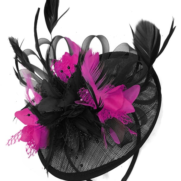 Caprilite Black and Fuchsia Hot Pink Sinamay Disc Saucer Fascinator Hat for Women Weddings Headband