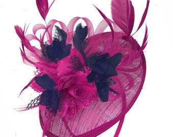 Caprilite Fuchsia Hot Pink and Navy Blue Sinamay Disc Saucer Fascinator Hat for Women Weddings Headband