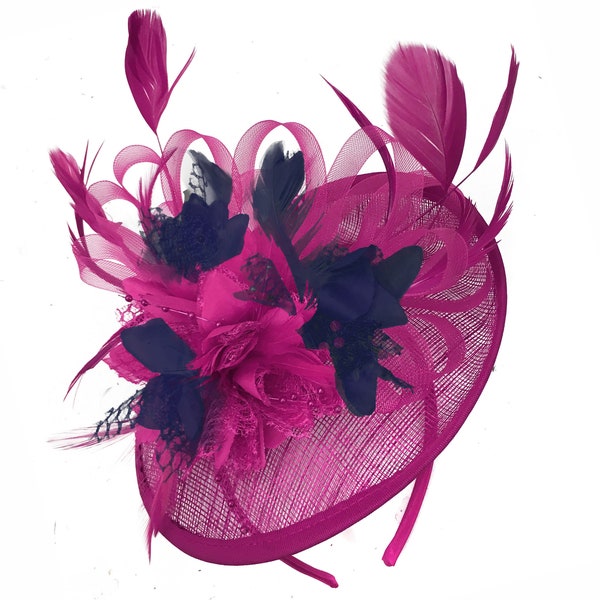 Caprilite Fuchsia Hot Pink and Navy Blue Sinamay Disc Saucer Fascinator Hat for Women Weddings Headband