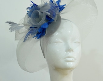 Caprilite Grey Silver and Royal Blue Fascinator on Headband Veil UK Wedding Ascot Races Hatinator
