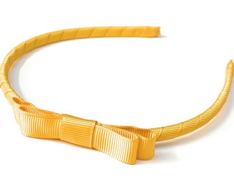 Girls Kids Classic Bow on Headband - Grosgrain Ribbon Alice Band - Mustard Yellow