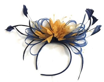 Caprilite Bleu Marine et Jaune Moutarde Bibi sur Bandeau Alice Band UK Mariage Ascot Races Derby