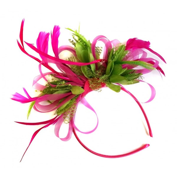 Caprilite Fuchsia Pink & Lime Green Feathers Fascinator sur bandeau