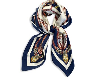 70cm x 70cm Navy Cream Belt Print Pattern Square Scarf Big Ladies Womens Faux Silk Head Neck Thin Bag Charm