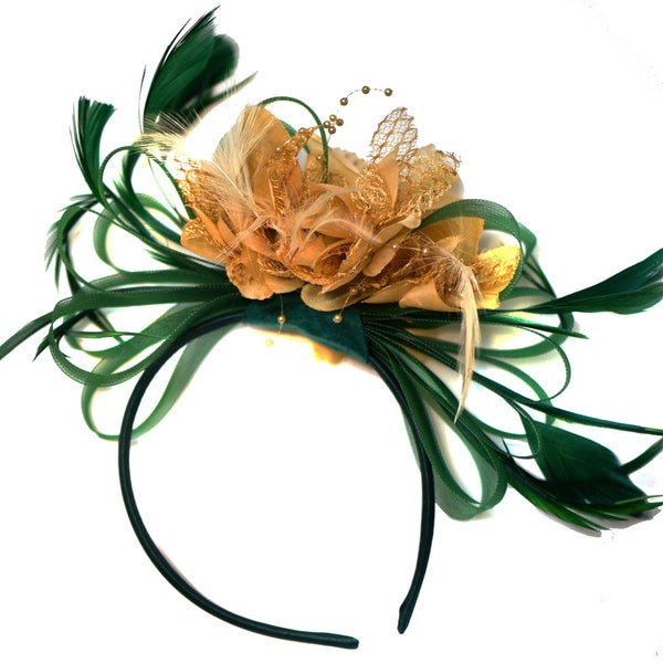 Emerald Green and Camel Beige Fascinator on Headband Alice Band UK Wedding Ascot Races Derby