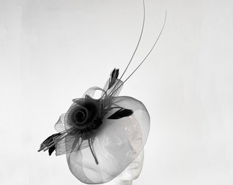 Black Net Veil Round Fascinator with long Spine Feather and Crystals for Weddings Derby Races Ascot