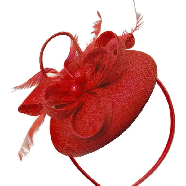 Round Red Pillbox Bow Sinamay Headband Fascinator Weddings Ascot Hatinator Races